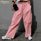 Vintage Loose Green Cargo Pants Women Fashion Lace-Up Straight Pants Streetwear Chic Full Length Trousers Female