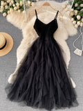 New Women's Suspender Dress Irregular Gauze Fluffy Skirt High Waist Slim Temperament V-neck Suspender Skirt Beach