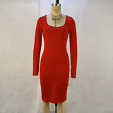 Toloer Women's 2023 New Fashion Square Collar Long Sleeve Solid Color Waist Show Thin Hip Dress Women's Dress-Outfit