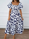 New Temperament Collar Print Pony Dress Bubble Sleeve Dress