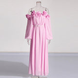 French Elegant Wind Shoulder Dress Dress 2025 New Splicing Three-Dimensional Flowers Decorated Long Dress