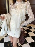 Xixi 2025 Autumn White Standard French Elegant Tie Lace Knitting Bottom Long-Sleeved Top Sweater
