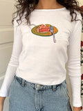 Women's Y2K Vintage Retro Long Sleeve Cherry/Cake Print Crew Neck Spring Fall Slim Fit Tops Aesthetic Grunge T-Shirts-Outfit