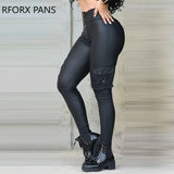 Women Casual High waist Zipper PU leather Pocket Skinny Pencil Pants-Outfit