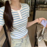 And Light High-Grade Blue Color Striped Short-Sleeved Shoulder T-Shirt Women's Summer Stretch Waist Short Style Foreign Style T-Shirt-Outfit