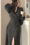End Bandage Bodycon Black Dress for Women Lace Slim Fashion V-neck Puff Sleeve Dots Party Evening Dresses Elegant