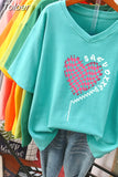 100% Cotton L-6XL T Shirt Plus Size Tshirt Short Sleeve Women Top Summer Heart Print Couple V Neck Oversized T