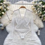 Women Lace Sexy Bodysuits Perspective Dot Bodycon Jumpsuits Long Sleeve Inside Wear Fashion Thin Mesh