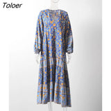 Blue Floral Printed Boho Dress V-neck Long Sleeve Cotton Autumn Dress Hippie Beach Boho Maxi Dress For Women