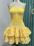 Off Shoulder Strapless Dresses For Women Sleeveless Embroidery Hollow Out Patchwork Ruffles Mini Dress Female