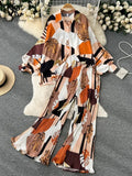 Holiday Fashion Print Two Pieces Sutis Autumn Batwing Sleeve Loose Top+Casual Straight Long Pant 2022 Retro Women