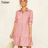 Shirt Dress women Casual Button Turn-down Collar Long Sleeve Ruffles A-line Dress 2021 Spring Woman Pink Party