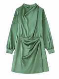 Height Collar Mini Dress Women Solid Fold Long Sleeve Short Skirts 2022 Autumn Casual Female Soft Party
