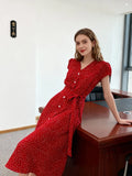 Red Dot V-Neck Women's Short-Sleeved Dress Summer Single Buckle Tie With Thin A-Word Mid-Long
