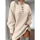 2022 Autumn Winter Sweater Dress Solid Color V Neck Lace Up Knitted Mini Dress Casual Loose Elegant Thick Warm Sweater