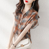 Chiffon Shirt Women's Summer Thin 2025 New Loose Belly T Jack Plaid Printing Ocean Chic