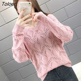 Women Spring V-neck Hollow Out Solid 4XL Pullovers Knitting Loose Korean-style Long Sleeve Autumn Trendy New