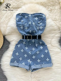 Denim Cross Print Women Jumpsuits Summer 2022 Fashion Sashes Pocket High Street Sexy Ladies Temperament