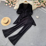 Summer Women 2 Pieces Set Purple/Green/White Elegant V-Neck Puff Short Sleeve Irregular Tops + High Waist Pants Vintage Suit