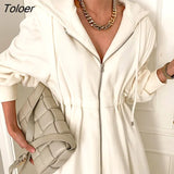 Chic Hooded Dress Women Winter Zipper Elegant White Vestido Ladies Clothing Autumn Korean Street Vintage Dresses Female