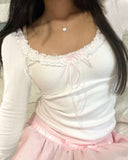 Lace Collar, Bang Color Tie, Bow Tie, Slim, Thin Knitted Blouse, Bubble Short-Sleeved T-Shirt-Outfit