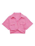 Women Safari Style Pockets Patch Knotted Linen Short Smock Blouse Lady Chic Kimono Cropped Shirt Blusas Tops-Outfit