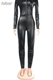 Fall Sexy Solid Faux Leather PU Bodycon Jumpsuits Club Outfits Women 2023 Long Sleeve Zip Up One Pieces Women