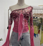 Hottie Sexy Leopard Print Mesh Fake Two Strap Long-Sleeved Top Short Slanted Shoulder T-Shirt