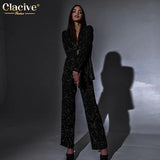Sexy Blue Glitter 3 Piece Sets Women Outifits Fashion Long Sleeve Blazer + Bar With High Waist Straight Pants Female