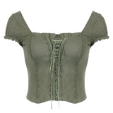 Early Summer New Square Collar Slim To Show Thin Split Line Fashion Tie Vintage Short-Sleeved T-Shirt Woman-Outfit