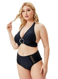 Halter Plunge Neck Solid Lace Up Plus Size Two Piece