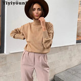 WOTWOY Casual Turtleneck Sweater Women Autumn Winter Basic Long Sleeve Knitted Pullovers Women Oversized Solid Sweater
