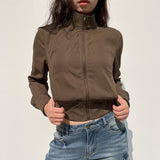 Waist Jacket 2023 Fall New Vintage Brown Zipper High Collar Thin Leisure Fashion Jacket-Outfit