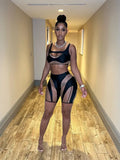 Summer Clothes Sexy 2 Two Peice Sets Women Outfits Sleeveless Crop Top Women Skinny Shorts Patchwork Mesh Matching