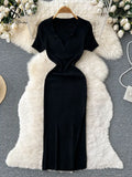 Elastic Split Women Knitted Dress Solid Summer 2022 Slim Lapel Casual Elegant Gentle Ladies A Line Long