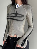 Patchwork Print Long Sleeve Jumpers Ripped Vintage Sweater for Women Autumn Winter Basic Pullovers Street Style-Outfit