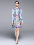 Spring Women Ruffle Bow Tie Mini Dress Ladies Long Sleeve Flower Print Runway Dress Vintage Casual Party Dress