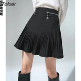Women Skirts 2022 Spring Short A Line Ruffled Hem Solid Black Zipper Decoration Streetwear Chic Pleated