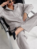Autumn Winter Brown 2 Piece Sets Womens Outfits Office Wear Pocket Shirt And Pleated Trousers Two Piece Sets