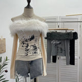 Real Shot Of The Long-Sleeved Long-Sleeved Shoulder-Clothed T-Shirt And Sweet And Spicy Niche Short Thin Velvet Bottom