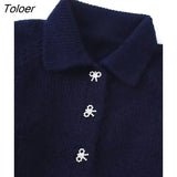Women Sweet Diamond Bow Button Solid Short Knitting Sweater Female Chic Turn Down Collar Casual Cardigan Coat Tops
