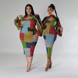 New Fashion Splicing Color Print Long-Sleeved Large-Size