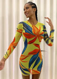 Party Print Green Sexy Long Sleeve Mini