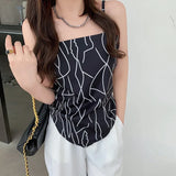 Women Irregular Hem Backless Camisole, Boat Neck Sleeveless Off-the-shoulder Tops, Black/ Beige-Outfit