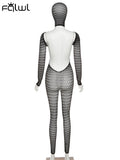 Summer Sexy Solid One Piece Yoga Jumpsuits For Women 2023 O Neck Long Sleeve Backless Mesh Hooded Knit Jumpsuit