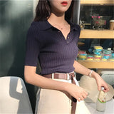 Korean Women Elegant And Casual Polo Plunge Neck Short Sleeve Knitted Shirt Crop
