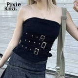 Metal Adjustable Buckle Asymmetric Tops Goth Sexy Clothing Trendy Backless Crop Top Black Y2k Streetwear