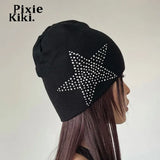 Star Rhinestone Black Knitted Beanies for Women Trashy Y2k Accessories Winter Hat Streetwear