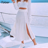 Sexy Fashion Crop Top Tops High Waist Long Split Skirts Two Piece Sets Khaki Summer Autumn Casual Skirts Sets Womens