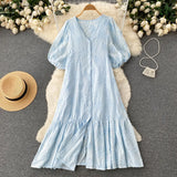 Embroidary Solid Women Chic Dress V Neck Gentle Single Breasted Retro Vacation 2022 Ladies A Line Beach Long